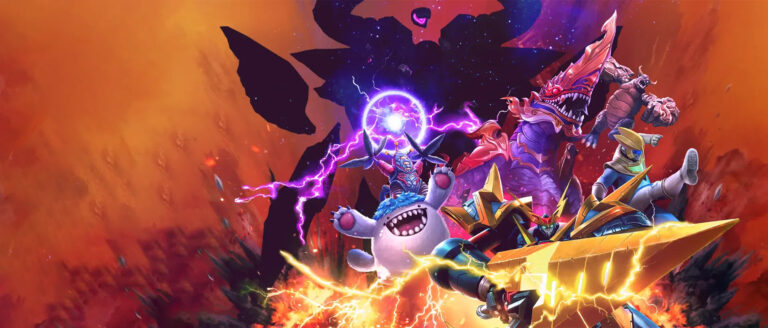 A giant mecha with a lightning sword and a group of GigaBash Titans charging into battle beneath a looming dark shadow.