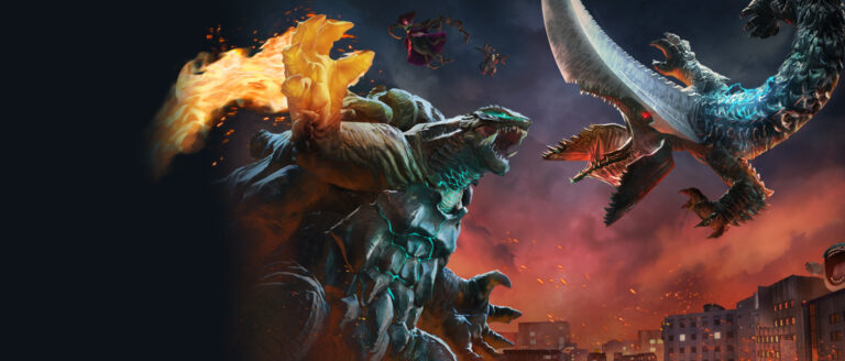 Gamera raises his flaming fist charging towards Guiron the blade headed monster in a city in flames as background