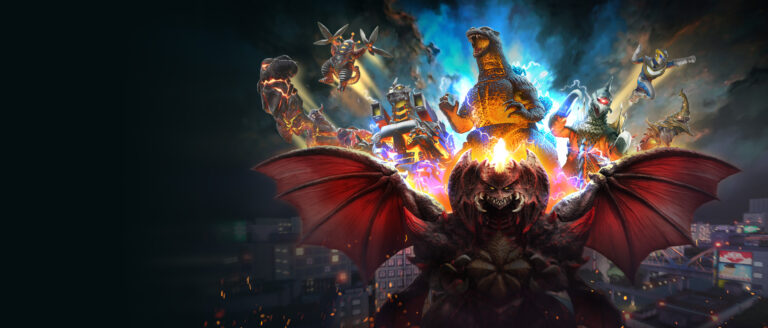 Destoroyah and a roaring Godzilla surrounded by Godzilla and GigaBash monsters, towering over a nighttime city.