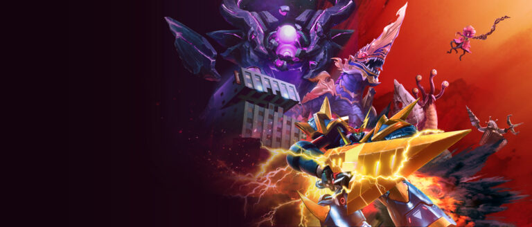 A giant mecha with a lightning sword, a building monster and other GigaBash Titans charging into battle beneath a looming dark shadow.