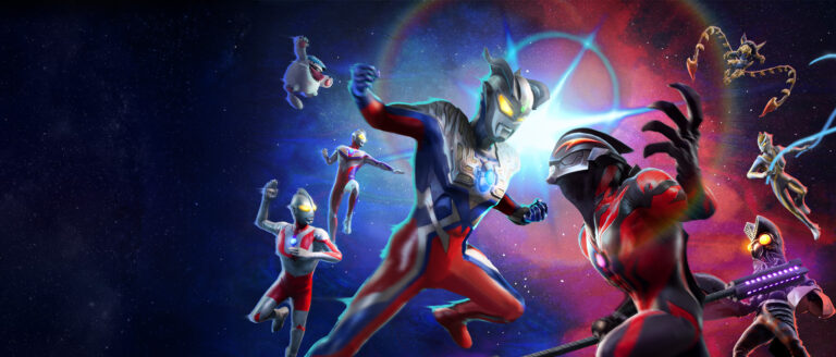 Ultraman Zero and Ultraman Belial clashing in space, surrounded by other heroes and monsters.
